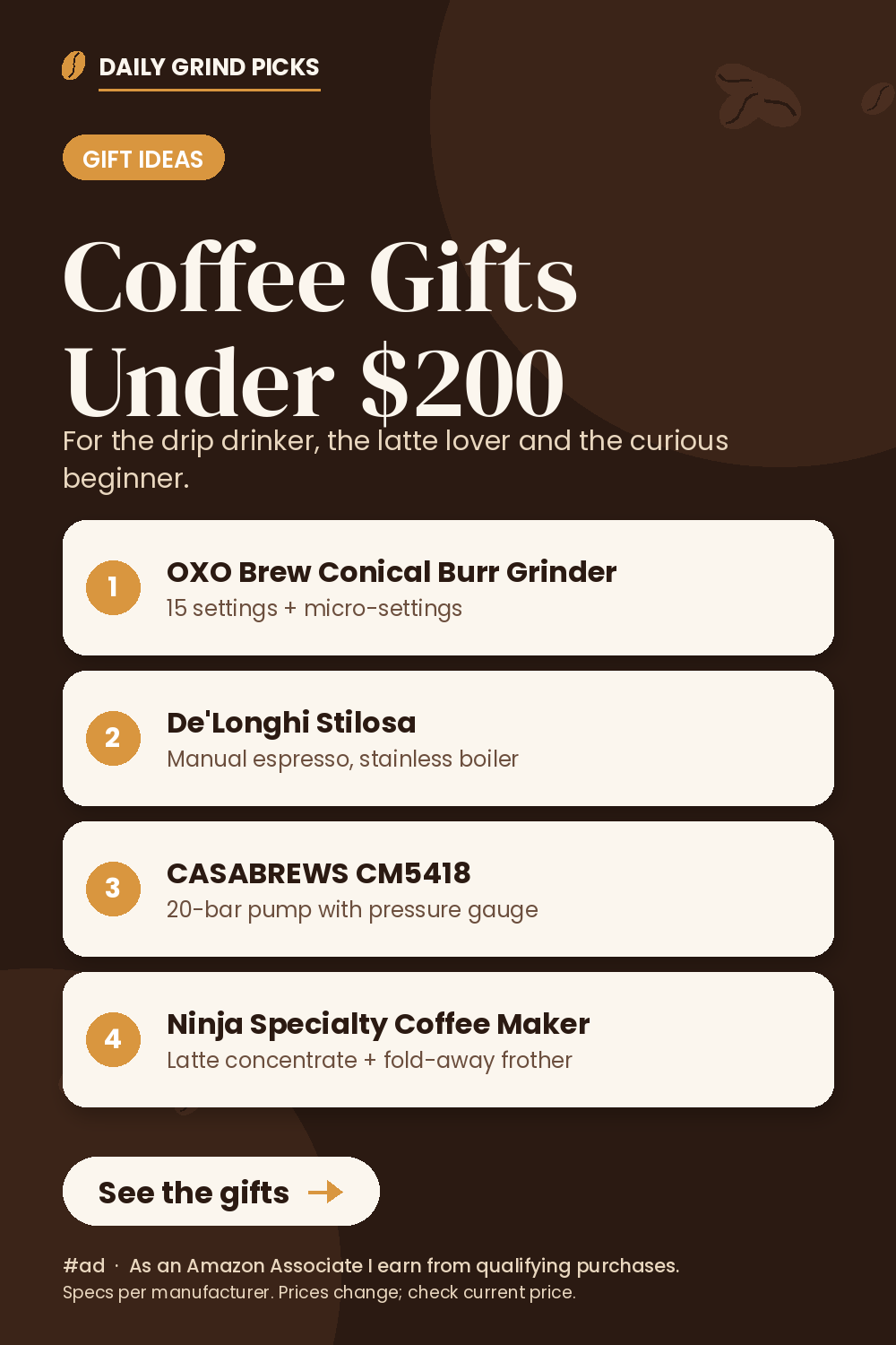 Graphic titled "Coffee Gifts Under $200" with four numbered cards: OXO Brew Conical Burr Grinder, De'Longhi Stilosa, CASABREWS CM5418 and Ninja Specialty Coffee Maker.